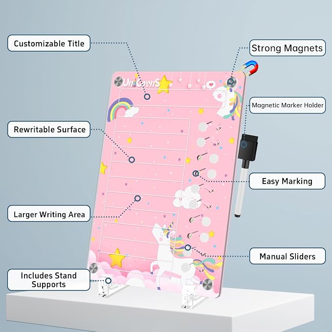 NiHome Magnetic Chore Chart, Sliders & Stand, Dry Erase to Do List, Unicorn - Image 2