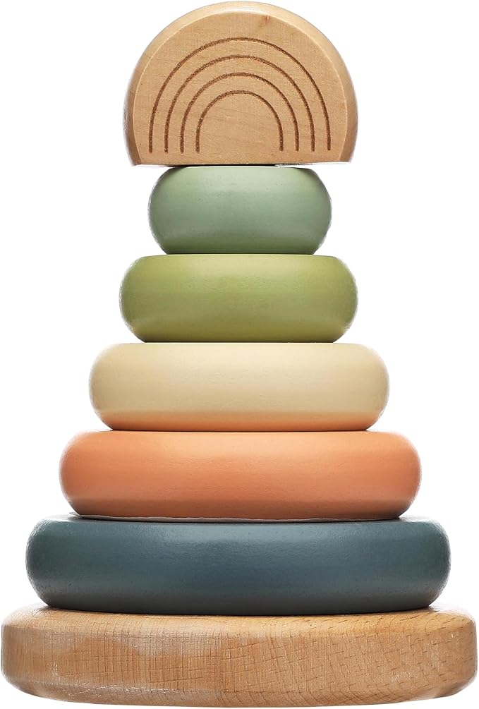 Pearhead Wooden Rainbow Stacking Ring Toy, Montessori Baby Stacker by Pearhead