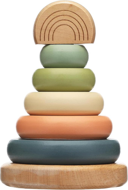 Pearhead Wooden Rainbow Stacking Ring Toy, Montessori Baby Stacker by Pearhead