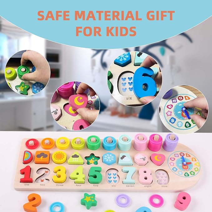 QZMTOY Preschool Educational Learning Montessori Toys for Kids, Toddler Puzzles Number Shape Sorter Counting Stacker with Clock Weather, Boys Girls Activities Math Game Gift for Age 3 4 5 Years - Image 4