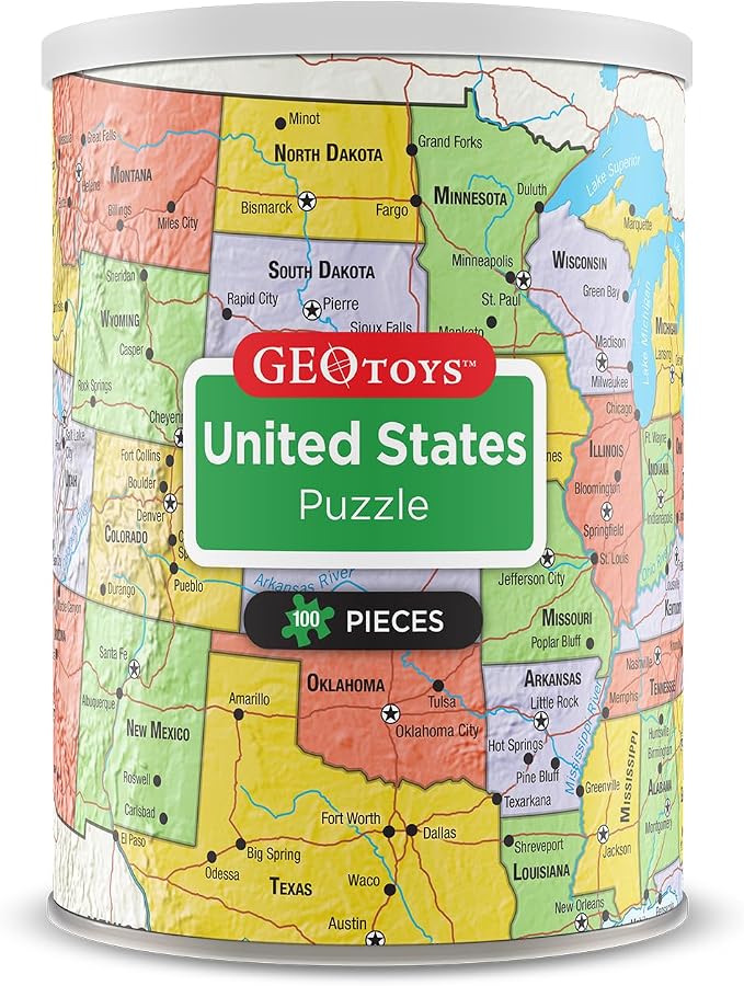 Geotoys United States Mini Puzzle - 100 Piece Puzzles for Kids and Adults in Portable Can, 13" x 10" Educational Travel Puzzle for Ages 7 and Up - Mini Puzzles to Learn & Explore Geography by Geotoys