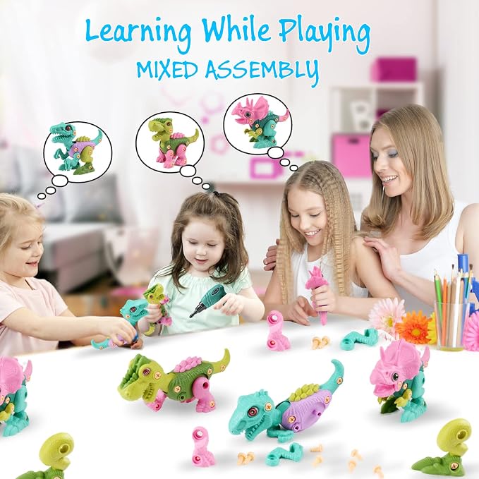 FREE TO FLY Dinosaur Toys for 3 4 5 6 Years Old Girls, Take Apart Dinosaur Learning Toys for Kids 3-5 5-7, STEM Building Construction Set with Electric Drill, Birthday Ideas - Image 5