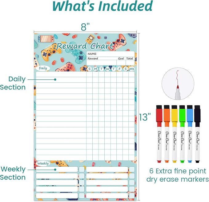 Clever Clean Dry Erase Chore Chart for Kids, Reusable Reward Chart, Non-Magnetic Kids Chore Board Clings to Any Smooth Surfaces, 6 Dry Erase Markers Included (Video Game) - Image 6