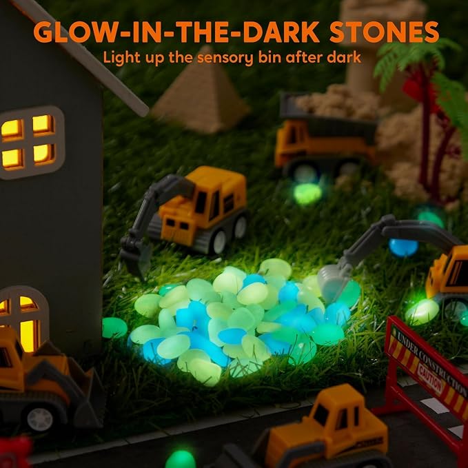JOVA Klever Kits Construction Sensory Bin for Kids with Glow in The Dark Stones, Sandbox with Lid Castle Building kit, Preschool Learning Activities Gifts for Boys Girls Age 3+ - Image 2