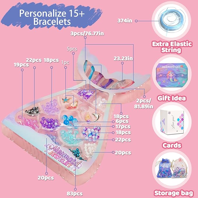 Danvren Mermaid Bracelet Making Kit for Girls, Mermaids Toys Jewelry Craft Christmas Birthday Gifts for Girl, 200+ DIY Beads,Charm Necklace Making Kits for Kids Ages 5-10