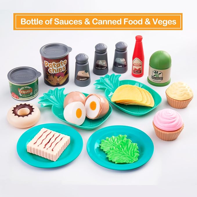 80Pcs Kitchen Playset, Toddler Pretend Cooking with Pots, Pans, Cookware, Food, Picnic Blanket, Fruits, Veges, Shopping Storage Basket, Dessert , Learning Gift for Girls Boys (Turquoise) - Image 6