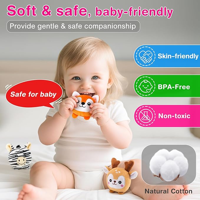 Montessori Sensory Toys for Babies 6-12 Months & Toddlers 1-3 Year Old - Educational Stuffed Animal Set with Rattle, Crinkle & Safe Mirror for Baby Kids & Boy Girl
