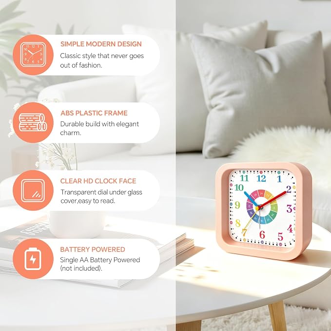 Modern Silent Learning Alarm Clock for Kids, 4.5" Loud Battery Operated Alarm Clock for Heavy Sleepers with Unique Dial & Numbers, Plastic Desk Clock for Kids Bedroom Classroom Dorms, Pink - Image 6