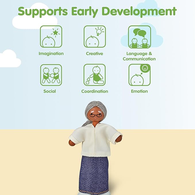 PlanToys® Grandmother Dollhouse Figure - Medium Skin Tone | Poseable 1:12 Scale Dollhouse People | Montessori Pretend Play Doll with Bendable Arms & Legs | Eco-Friendly Wooden Figurine for Kids