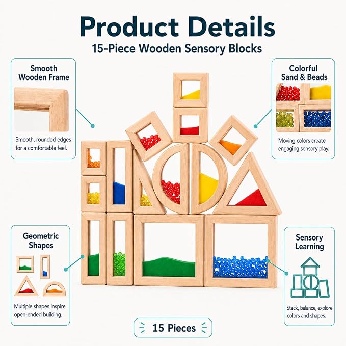15-Piece Rainbow Sensory Wooden Building Blocks, Stacking Toys for Toddlers - Image 2