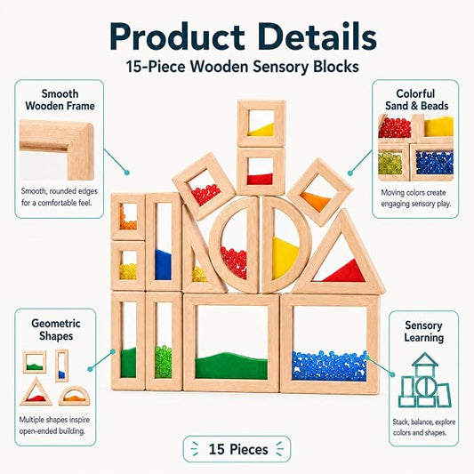 15-Piece Rainbow Sensory Wooden Building Blocks, Stacking Toys for Toddlers - Image 2