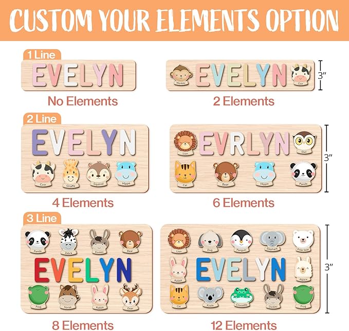 Personalized Name Puzzle for Kids, Custom Wooden Puzzle Engraved Text On Back with Pegs, Personalized Baby 1st Birthday Gifts for Girl & Boy, Toddlers Toys (Animal Name Puzzle)