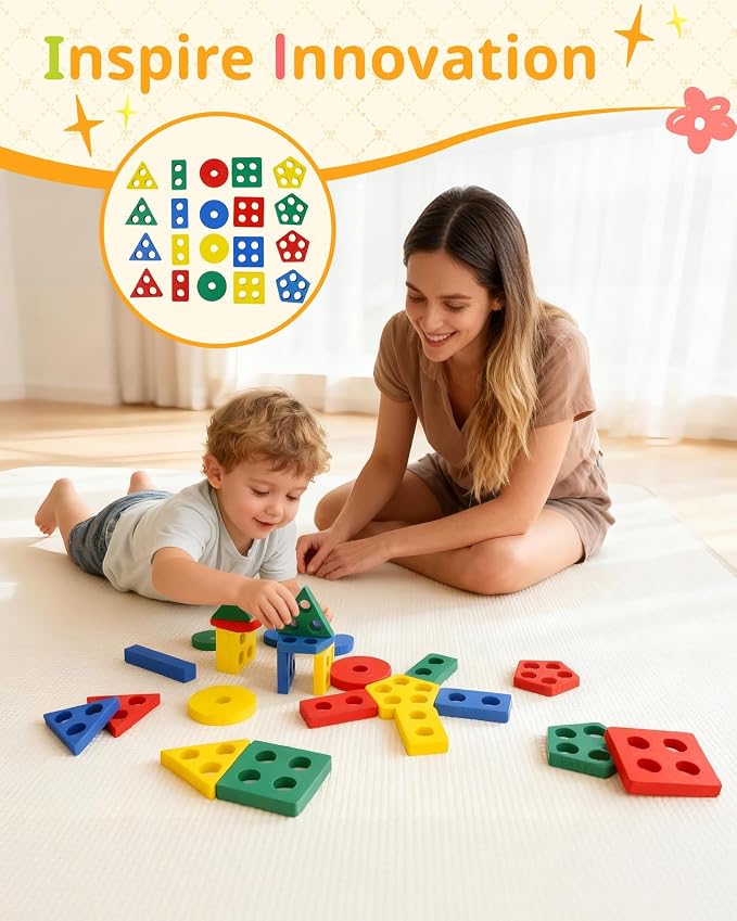 Montessori Toys for 1 2 3 Year Old, Wooden Stacking & Sorting Toy with Geometric Shapes, Educational Learning Toys and Birthday Gifts for Toddlers Boys Girls 1-3 - Image 4