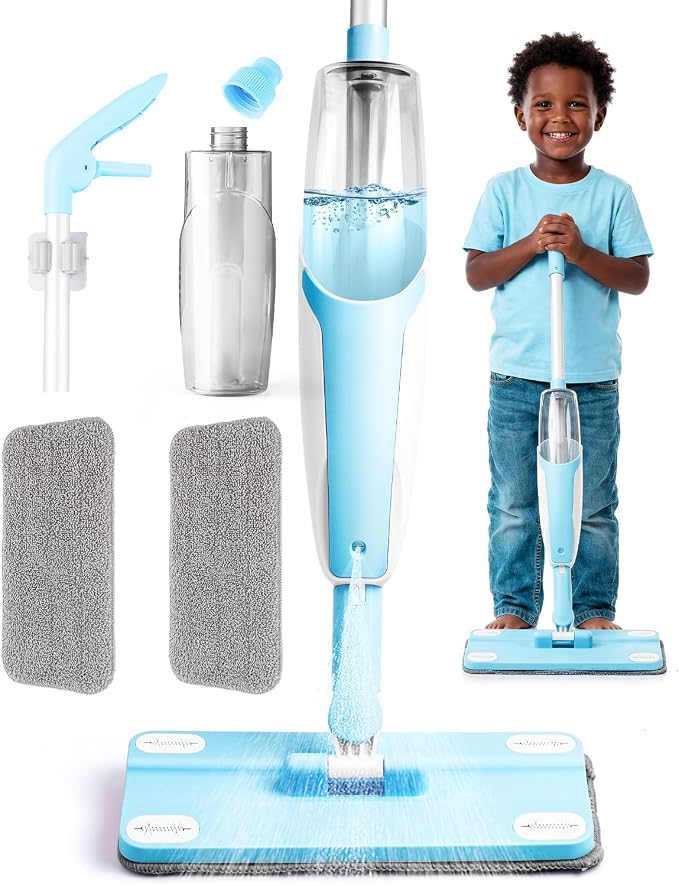 Kids Spray Mop, Blue Toddler Cleaning Set with Refillable Water Spray Tank, Lightweight Pretend Play Mop Toy for Boys Girls, Montessori Housekeeping Toy Gift by Yeeammk