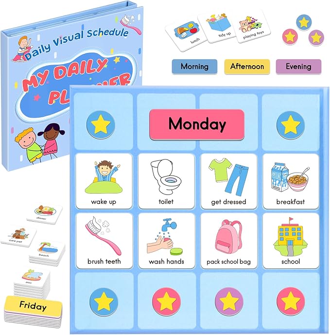 Magnetic Visual Schedule for Kids - Morning & Bedtime Routine Chart with 96 Activity Magnets, Foldable Board for Daily Routine, Chore Organizer & ADHD Tools by AUVCAS