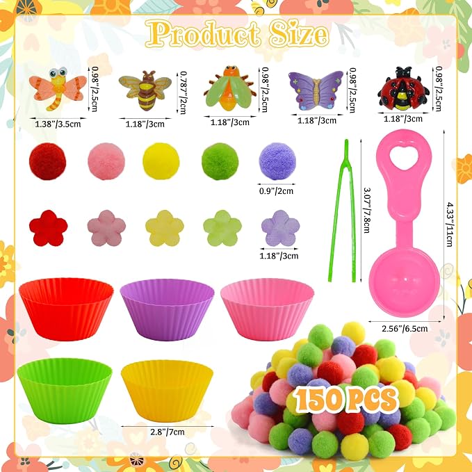 225pcs Spring Sensory Bin Filler Fine Motor Toys Flowers Insects Sensory Bin Items Bee Dragonfly Butterfly Beetle Ladybug Felt Easter Flowers Pom Poms for Color Counting Sorting - Image 3