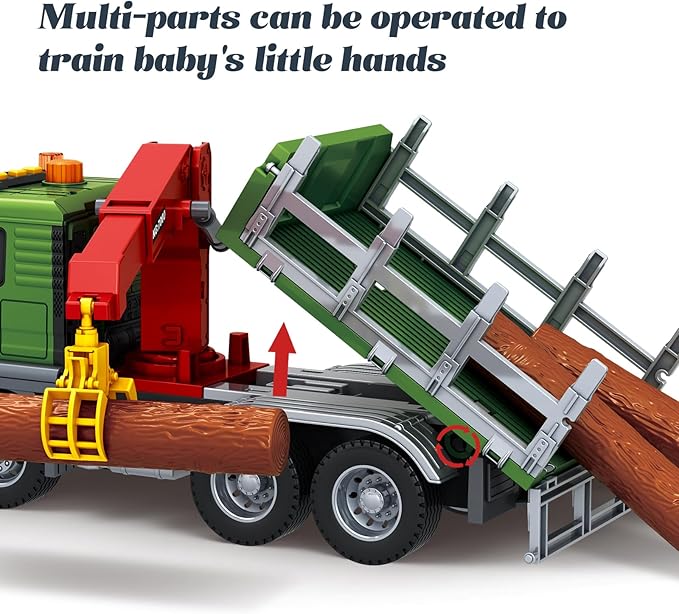 15 Inch Friction Powered Timber Truck Toy with Loading Crane, 6 Wooden Logs & Lights/Sounds - Play Vehicle Gift for Boys Girls Kids Ages 3-7