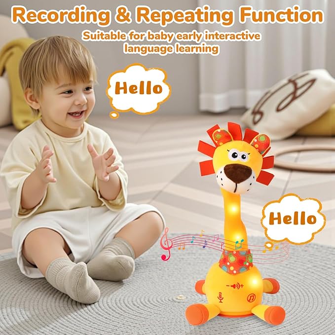 Dancing Talking Lion Plush Toy, Interactive Mimicking Recording Repeating Lion Stuffed Animal, Singing 10 Children's Songs, Tummy Time Light Up Toy for Toddlers 1-3 Years, Forest Birthday Party Gifts
