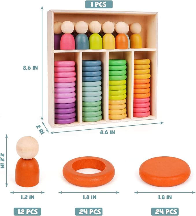 Montessori Toys Wooden Color Sorting Stacking Rings Toy Rainbow Wooden Peg Dolls Counting Toys Circular Building Blocks Stacking Game Preschool Learning Education Fine Motor Skill Toys for Toddlers - Image 7