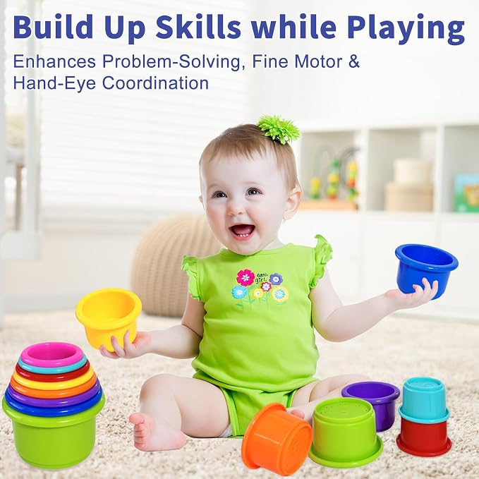 WEEJOYGAM Stacking Cups Baby Toy, 8 PCS Rainbow Nesting Cups for Babies, Montessori Stacking Toy for Toddlers 1-3, Educational Toys 6-12 Months for Color Recognition, Size Sorting and Fine Motor Skill - Image 2