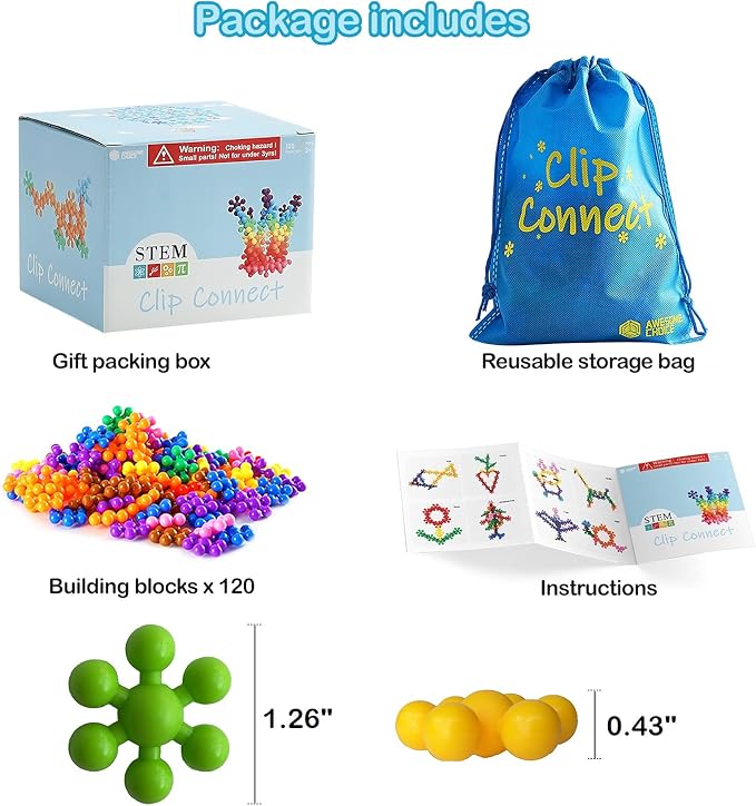 Clip Connect 120 Piece Building Blocks | Diameter 1.26", STEM Building Toys Set Kindergarten Math Manipulatives for Kids Boys Girls, Educational Preschool Toys Activities Homeschool Supplies - Image 6