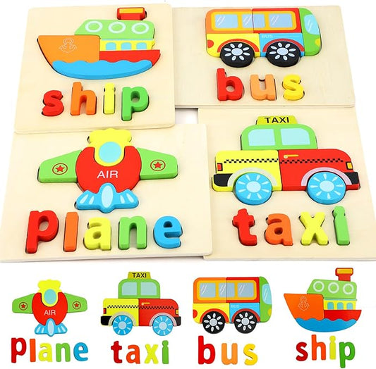 TOY Life Toddler Puzzles Ages 2-4, 4 Vehicles with Spelling Wooden Puzzles for Toddlers 3-5, Montessori Toys Gifts for 1 2 3 Years Old Boys Girls, Christmas Birthday Gifts Learning Toys for Kids