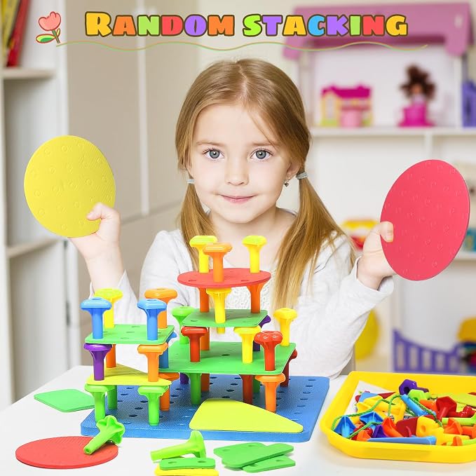 Ggiibro Peg Board Toy Set 101Pcs DIY Building Stacking Toys for Kids 3-6 Years Old,STEM Educational Kids Toy for Brain Development,Montessori Sensory Toys,Plastic Lacing String Game - Image 8