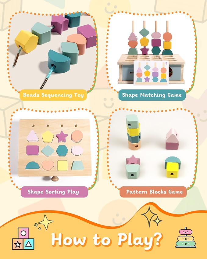 Biottro Montessori Toys for 3 4 5 Year Old - 5 in 1 Learning Education Toy for Toddler Kid Boys Girls - Shape Matching Stacking Color Sorting Beads Lacing Sensory Fidget Gifts - Image 3