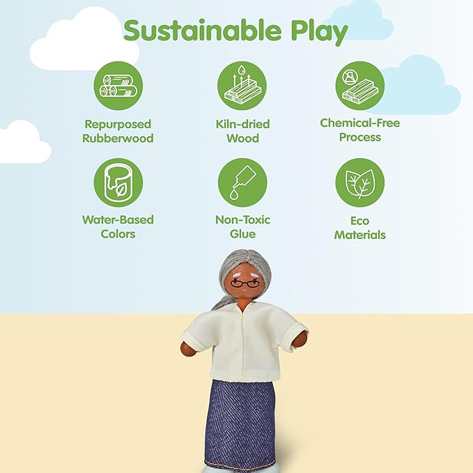 PlanToys® Grandmother Dollhouse Figure - Medium Skin Tone | Poseable 1:12 Scale Dollhouse People | Montessori Pretend Play Doll with Bendable Arms & Legs | Eco-Friendly Wooden Figurine for Kids