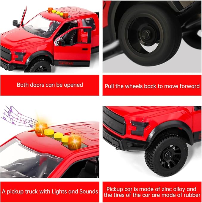 Red Pickup Truck Toy with Lights and Sound Effects, Featuring Doors That Open, Toy Cars Gifts for 3+ Year Old Kids. (Red Pickup)