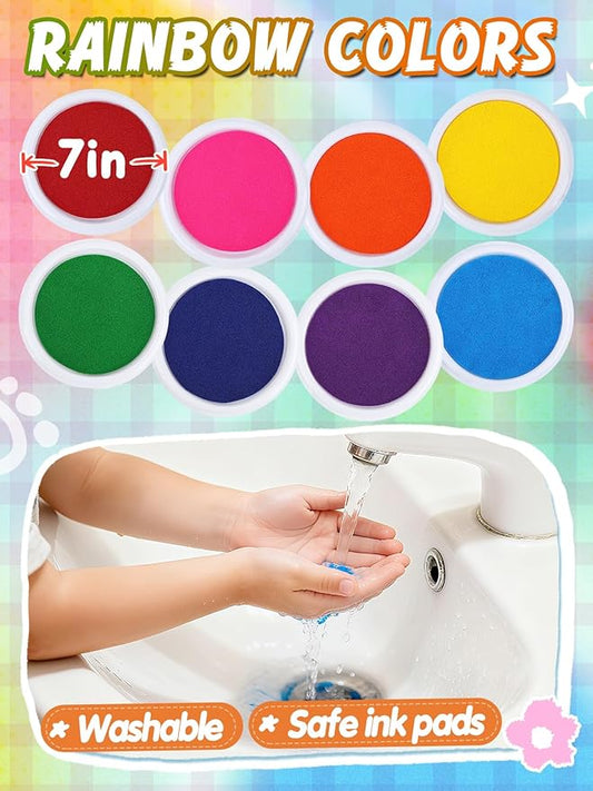 Large Washable Ink Pads for Kids - 7" Ink Pad for Handprint Footprint Toddler Finger Paint, 8 Vibrant Colors Stamp Pad Set for Card Making/Preschool Crafts/Birthday Gifts
