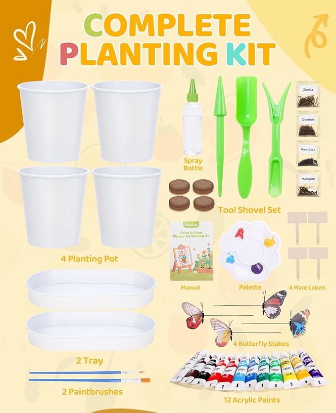 YAUNGEL Paint & Plant Flower Kids Gardening Set, Arts and Crafts for Kids Ages 8-12 Plant Growing Kit with 4 Pots, Christmas Birthday Gifts for Girls & Boys Children