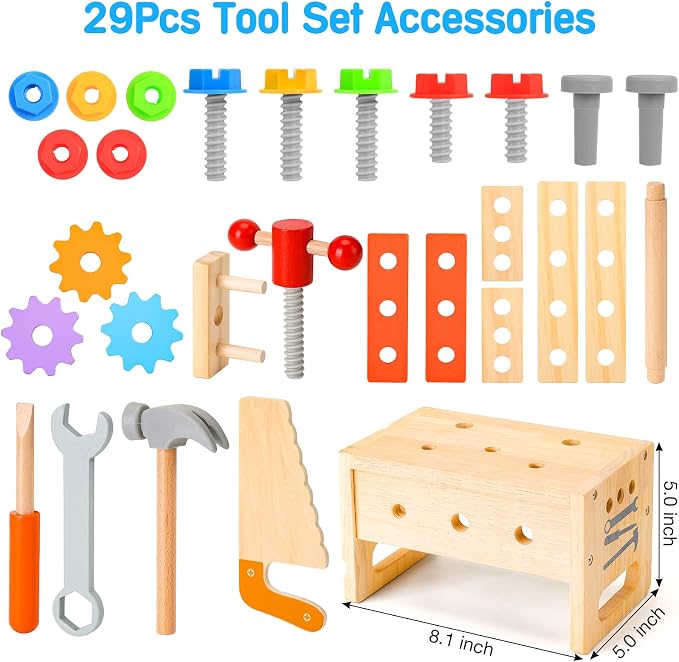 Wooden Tool Set for Kids 2 3 4 5 Year Old, 29Pcs Educational STEM Toys Toddler Montessori Toys for 2 Year Old Construction Preschool Learning Activities Gifts for Boys Girls Age 2-4 1-3 (Pack of 2) - Image 6