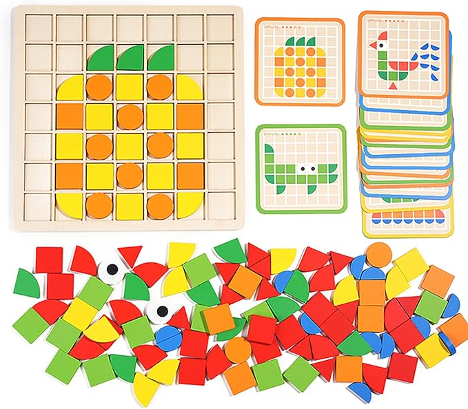 Wooden Pattern Blocks Set 120 Pcs Geometric Shapes Puzzle Classic Montessori Educational Tangram Toys with 24 Design Cards for 4-8 Year Old Kids - Image 5