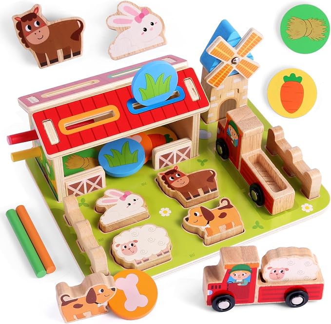 FIIOEOY Wooden Montessori Toys, Farm Animal Barn for Toddlers 1-3 Year Old by FIIOEOY