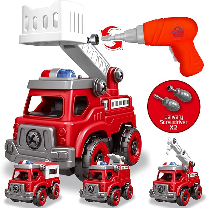 4-in-1 Take Apart Toys Truck with Electric Drill, DIY Assembly Fire Truck by Toyk