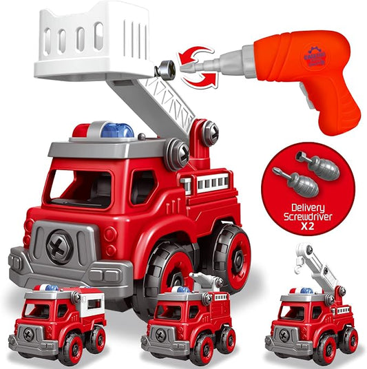 4-in-1 Take Apart Toys Truck with Electric Drill, DIY Assembly Fire Truck by Toyk