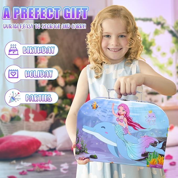 Auney Tea Set Toys for Girls 36pcs, Mermaid Pretend Play Gifts for Toddler Age 3-6, Kids Girls Toys Gifts for Party Time Including Carrying Case (Mermaid Toy)