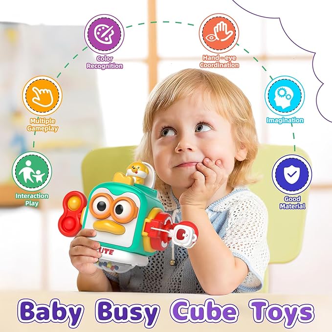 5 in 1 Baby Toy for 9 12 18 Month, Learning Toys for Babies 6-12 Months, Baby Busy Cube, Stacking&Sensory, Pull String&Piano Xylophone Toy, Birthday Gift for 7 8 9 Month