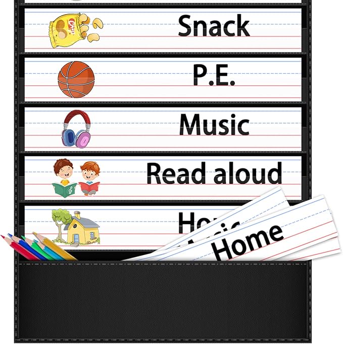 AKAYOK Daily Schedule Pocket Chart — 13+1 Pocket Visual Schedule for Kids, Includes 18 Double-Sided Blank Reusable Dry-Erase Cards, Daily Planner with Hourly Schedule for Classroom, Office, Home, School Activities (Black) - Image 5