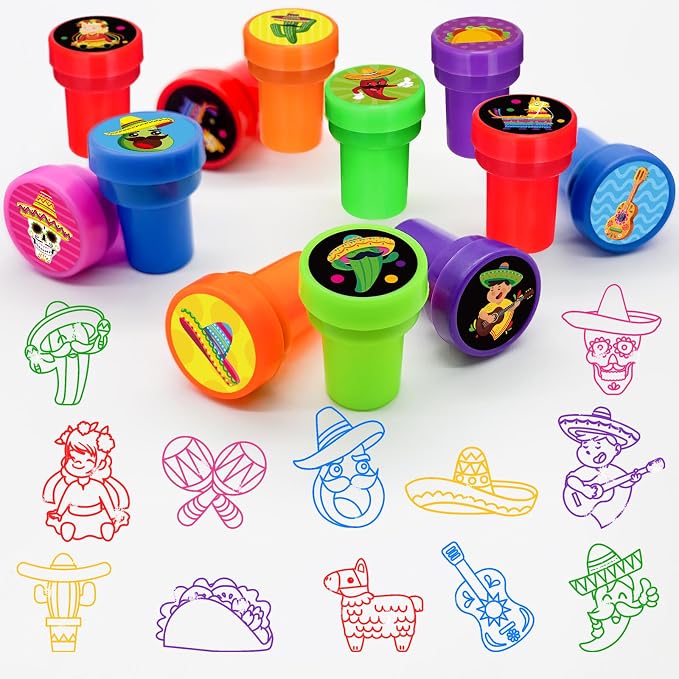 Cinrobiye 24 Pcs Mexican Fiesta Stampers for Kids,Party Favor Set, Mexico Party Favor Set Stampers, Cinco de Mayo Birthday Party Supplies, Classroom Rewards, Piñata Fillers, Goody Bag Stuffers - Image 4