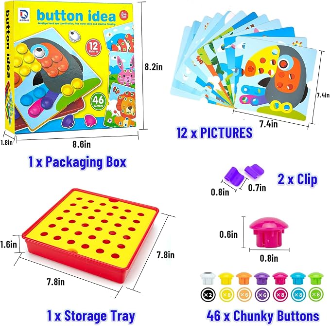 Button Art Pegboard for Toddlers - 12 Pics & 46 Buttons, Gift 3+ - Image 2