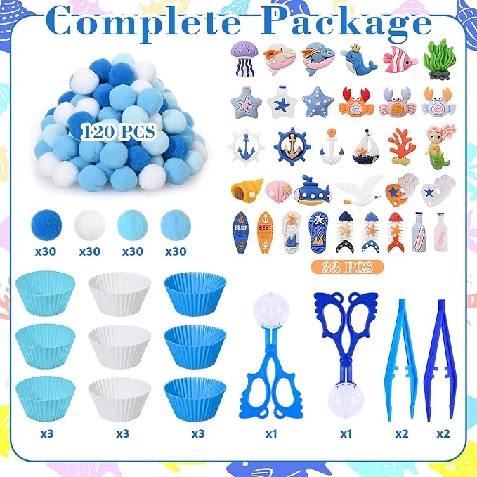 Sanixin 168 Pcs Ocean Sensory Bin Fillers Sea Animal Fine Motor Skills Summer Sensory Bin Item Pompoms Cups Tweezers Scissor Clips for Preschool Education Activities Sorting Counting (Sea) - Image 2