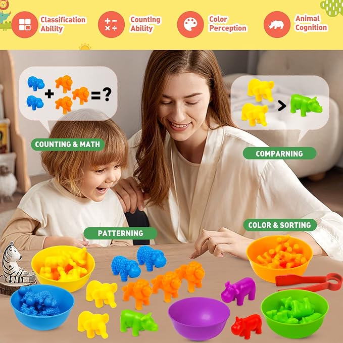 Counting Animals Color Sorting Stacking Matching Games with Rainbow Bowls Montessori Preschool Educational Learning Activities Fine Motor Skills Toys Easter Gift for Kids Ages 3+ - Image 4