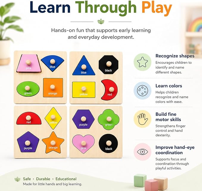 Wooden Shape Color Sorting Puzzle Toys for Toddlers, 4 Pack Montessori Peg Puzzles for Ages 2-4, Preschool Learning Toys for Shape Recognition, Fine Motor Skills, Gifts for Kids Boys Girls 1 2 3 4 - Image 4