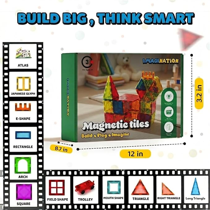 IMAGINATION Magnetic Tiles 60 Piece Set for Kids Ages 3–12, Large 3-Inch STEM Building Blocks, Montessori Educational Toy for Boys and Girls - Image 2