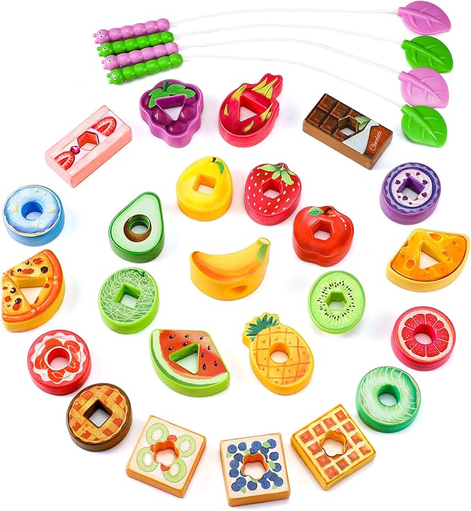 28 Pcs Caterpillar Lacing Toy for Toddlers Fruit Food Threading by PullCrease
