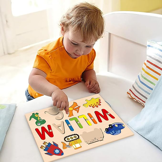 Name Puzzle for Kids Personalized, 1st Birthday Girl and Boy, Custom Baby Easter Gifts with Engraved Text on Back, Montessori Learning Toys for Boy & Girl (Blue Gradient)