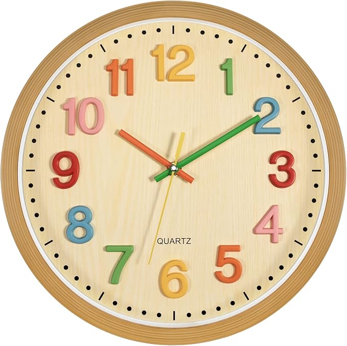 Foxtop Silent Kids Wall Clock Non-Ticking Battery Operated Colorful Childrens Clock for Classroom Playroom Nursery Bedrooms Kids Room (3D Numbers, 12 inch) by Foxtop