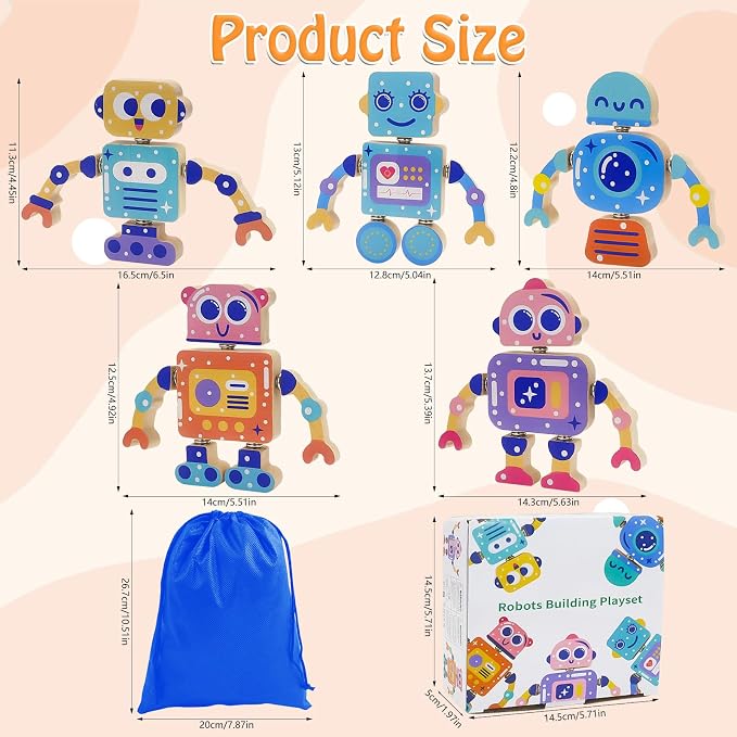 28-Piece Wooden Snap-Together Take-Apart Robot Building Blocks for Kids 3-6 - Image 6
